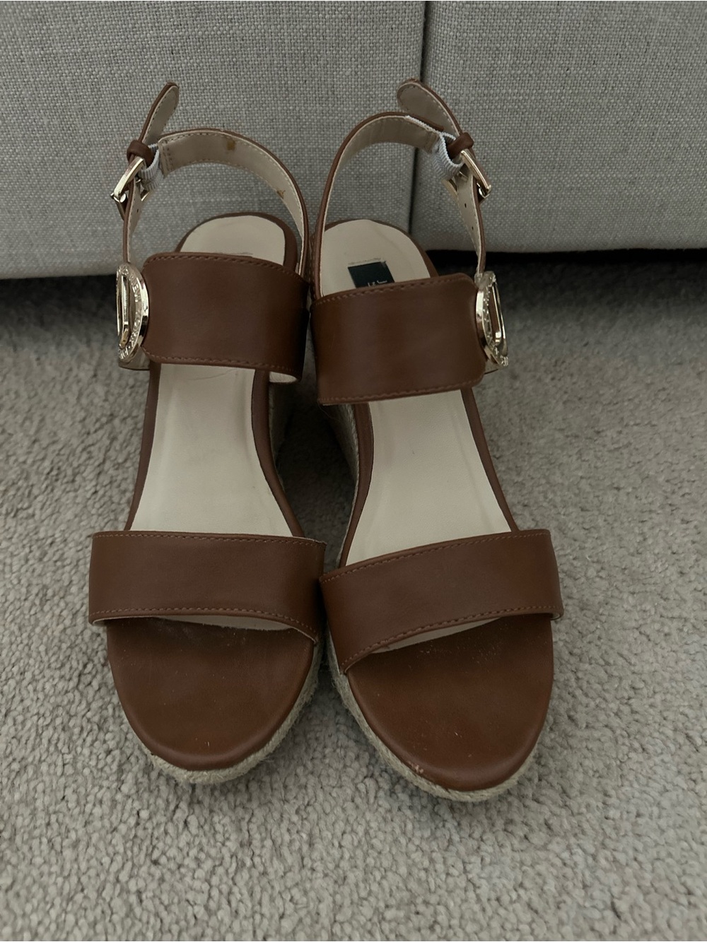 Jones New York Brown Espadrille Wedge Sandals with Logo Buckle